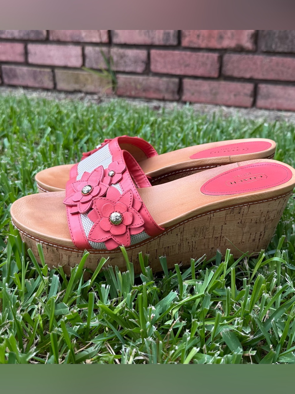 y2k COACH "Jesaca" Pink/Coral Floral Leather Cork Wedges Sandals sz 9B